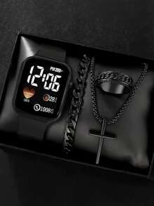 1pc Men's Square Digital Sports Digital Watch And 3pcs Bracelet Necklace Ring