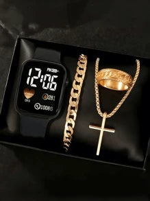 1pc Men's Square Digital Sports Digital Watch And 3pcs Bracelet Necklace Ring