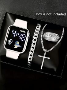1pc Men's Square Digital Sports Digital Watch And 3pcs Bracelet Necklace Ring