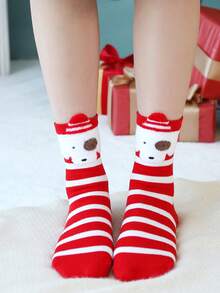 4 Pairs Women's Christmas Crew Socks Gift Box, Reindeer, Fox, Snowman Design, Suitable For Home, Office, Gift.