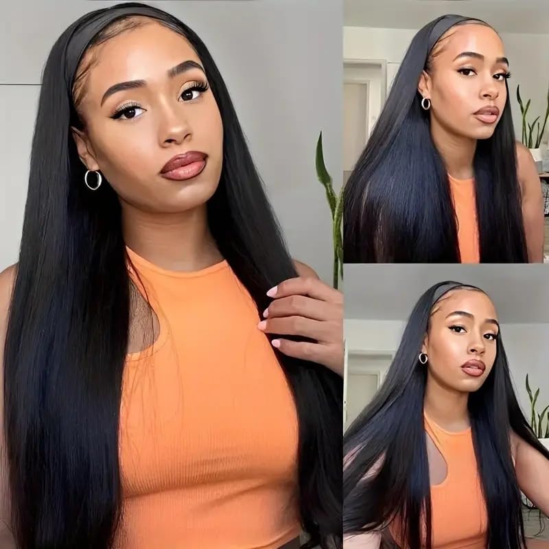 mdgfge 26 Inch Lace Front Wigs Human Hair Pre Plucked Straight Brazilian Glueless Lace Front Natural Black Synthetic Human Hair Wigs Lace Frontal 180% Density Wigs for Women Party Daily Life