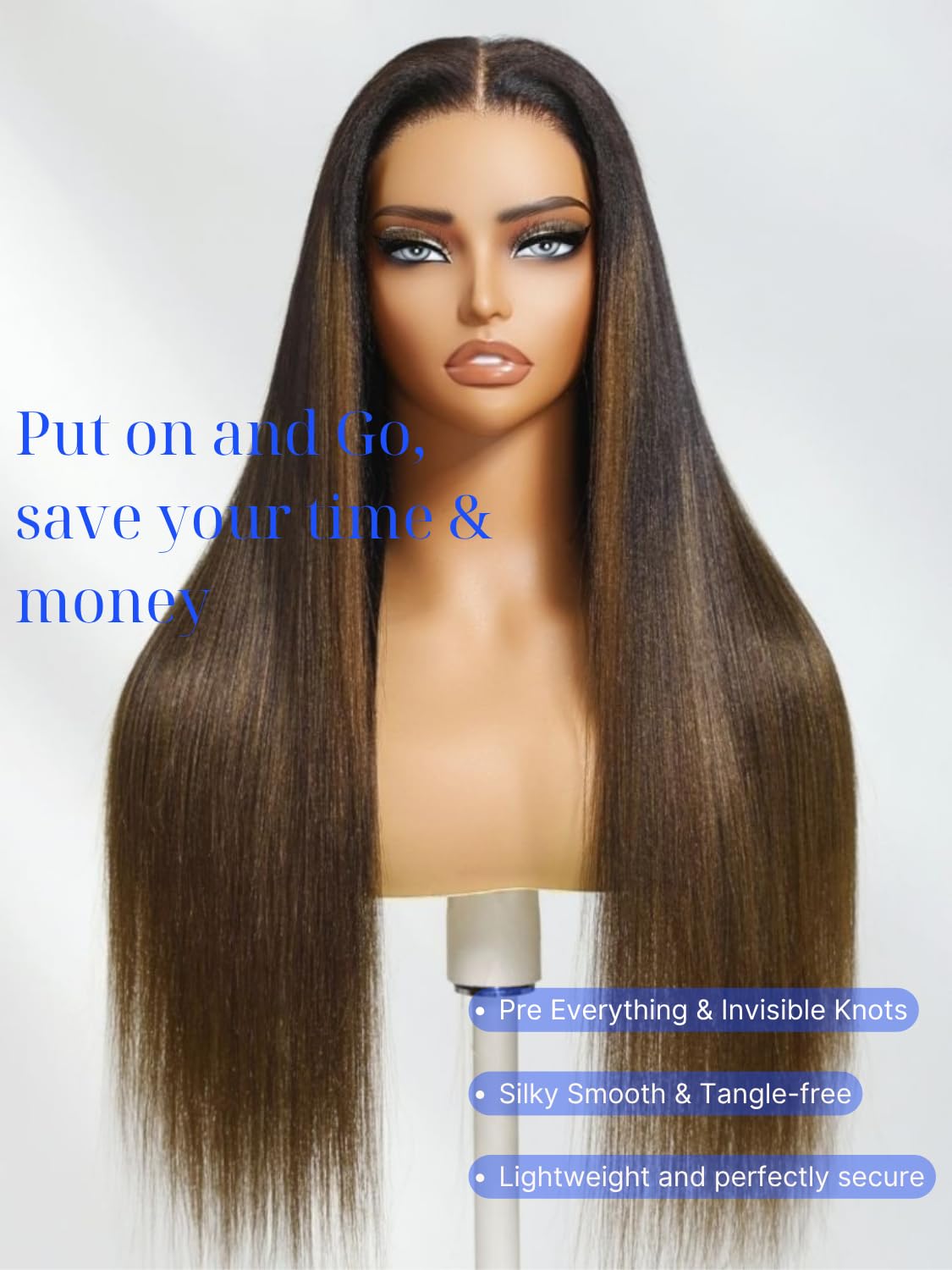 Nadula Chestnut Brown Ombre Yaki Straight Bye Bye Knots Glueless Wig Human Hair with Elastic Drawstring,Highlight Pre Cut 7x5 Invisible Knots HD Lace Front Wigs,Pre Everything Light Yaki Wig 20inch