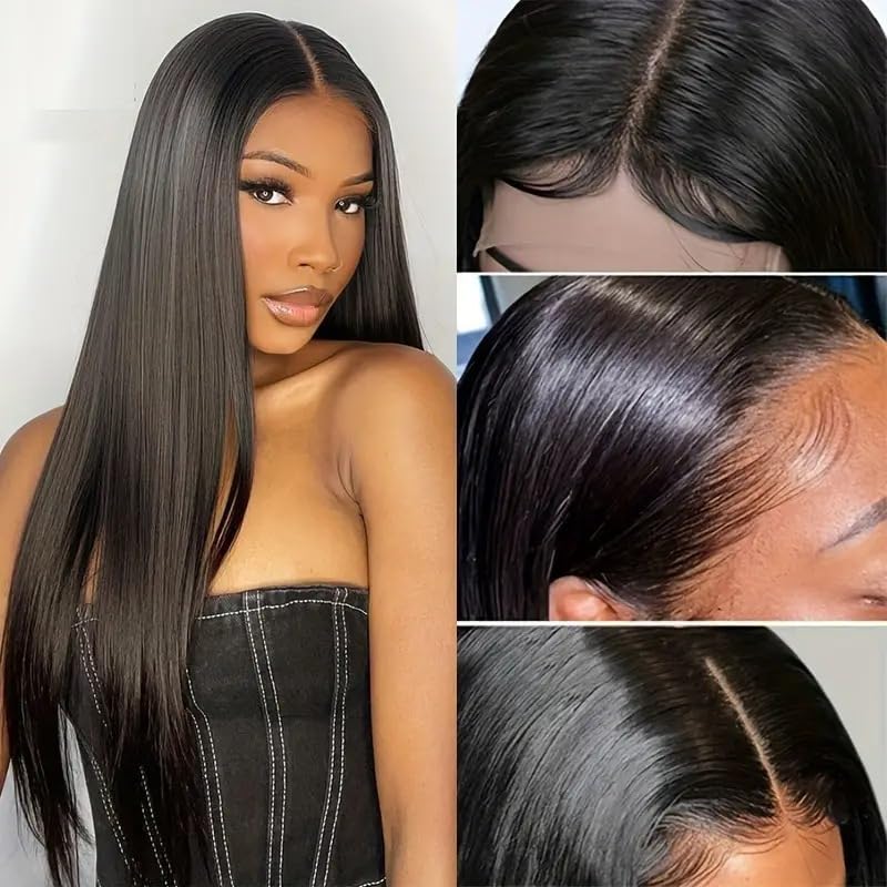 mdgfge 26 Inch Lace Front Wigs Human Hair Pre Plucked Straight Brazilian Glueless Lace Front Natural Black Synthetic Human Hair Wigs Lace Frontal 180% Density Wigs for Women Party Daily Life