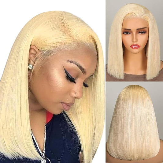 Hoscod 16 Inch Blonde Bob Wig Human Hair Pre Plucked with Baby Hair Straight 613 Bob Wig Human Hair 180 Density 13x4 HD Transparent Lace Blonde Short Wigs 613 Glueless Wigs for Women