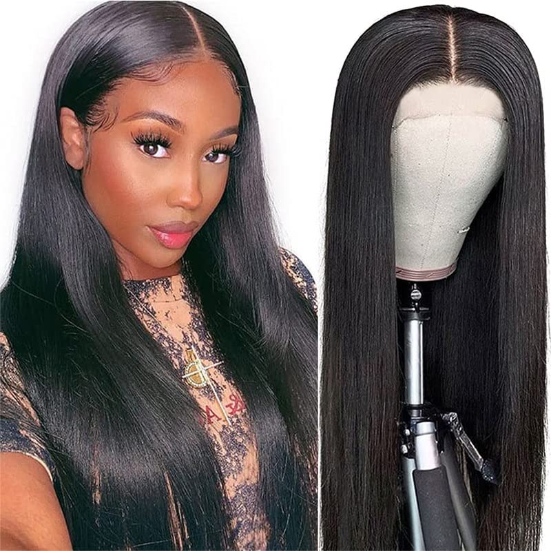 mdgfge 26 Inch Lace Front Wigs Human Hair Pre Plucked Straight Brazilian Glueless Lace Front Natural Black Synthetic Human Hair Wigs Lace Frontal 180% Density Wigs for Women Party Daily Life