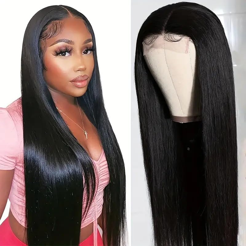 mdgfge 26 Inch Lace Front Wigs Human Hair Pre Plucked Straight Brazilian Glueless Lace Front Natural Black Synthetic Human Hair Wigs Lace Frontal 180% Density Wigs for Women Party Daily Life