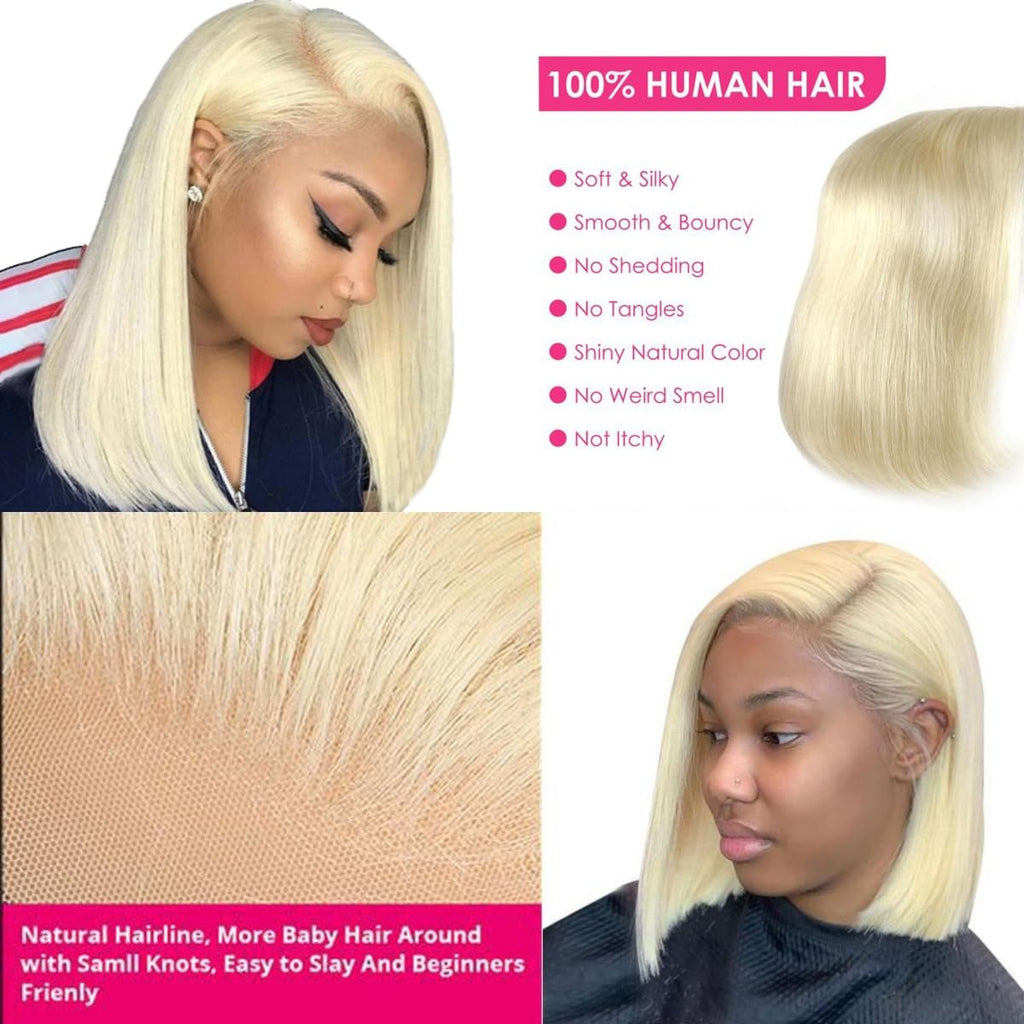 Hoscod 16 Inch Blonde Bob Wig Human Hair Pre Plucked with Baby Hair Straight 613 Bob Wig Human Hair 180 Density 13x4 HD Transparent Lace Blonde Short Wigs 613 Glueless Wigs for Women