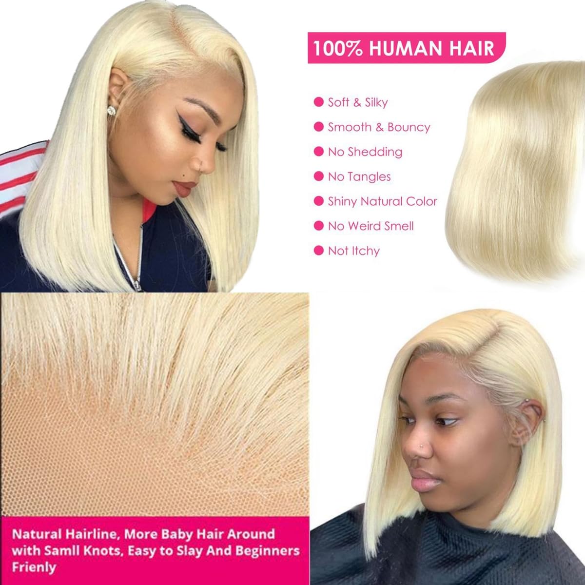 Hoscod 16 Inch Blonde Bob Wig Human Hair Pre Plucked with Baby Hair Straight 613 Bob Wig Human Hair 180 Density 13x4 HD Transparent Lace Blonde Short Wigs 613 Glueless Wigs for Women