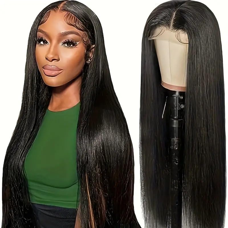 mdgfge 26 Inch Lace Front Wigs Human Hair Pre Plucked Straight Brazilian Glueless Lace Front Natural Black Synthetic Human Hair Wigs Lace Frontal 180% Density Wigs for Women Party Daily Life