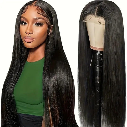 mdgfge 26 Inch Lace Front Wigs Human Hair Pre Plucked Straight Brazilian Glueless Lace Front Natural Black Synthetic Human Hair Wigs Lace Frontal 180% Density Wigs for Women Party Daily Life