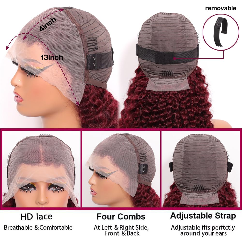 Hihmarm 99j Burgundy Lace Front Wigs Human Hair 14 Inch 13x4 HD Deep Wave Lace Front Glueless Wigs Human Hair Pre Plucked Red Curly Bob Wig Human Hair For Black Women 180% Density 14 Inch