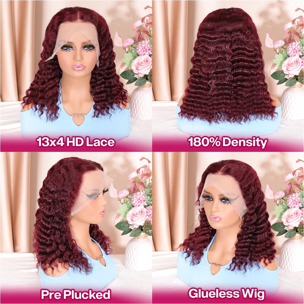 Hihmarm 99j Burgundy Lace Front Wigs Human Hair 14 Inch 13x4 HD Deep Wave Lace Front Glueless Wigs Human Hair Pre Plucked Red Curly Bob Wig Human Hair For Black Women 180% Density 14 Inch