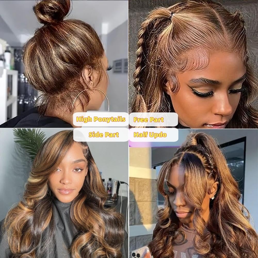 Brofiri 28 Inch Honey Blonde Wig Human Hair Highlight Ombre Body Wave 360 Lace Front Wigs Human Hair Pre Plucked Glueless Wigs for Women Drawstring Full Frontal Lace Wig 4/27 Colored 180% Density