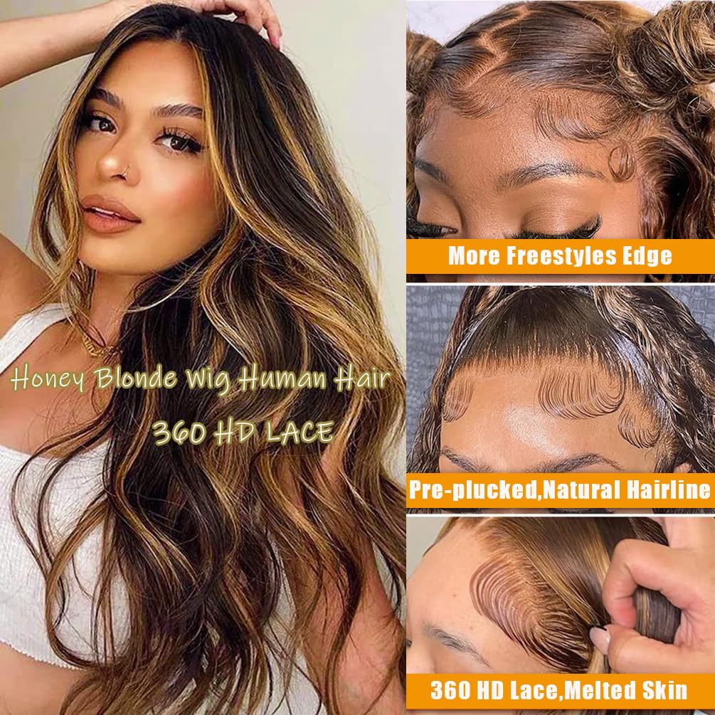 Brofiri 28 Inch Honey Blonde Wig Human Hair Highlight Ombre Body Wave 360 Lace Front Wigs Human Hair Pre Plucked Glueless Wigs for Women Drawstring Full Frontal Lace Wig 4/27 Colored 180% Density
