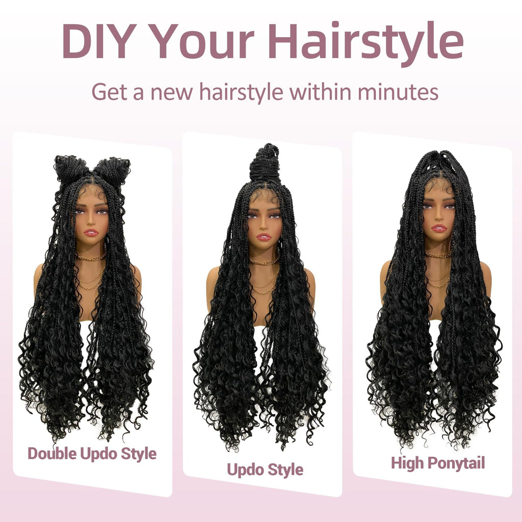 Janyuwool 36" Boho Knotless Box Braided Wigs Full Double Lace Braid Wig for Black Women Lace Frontal Human Hair Blended Braided Wig with Boho Curls Lace Front Braids Wigs with Baby Hair (Black)