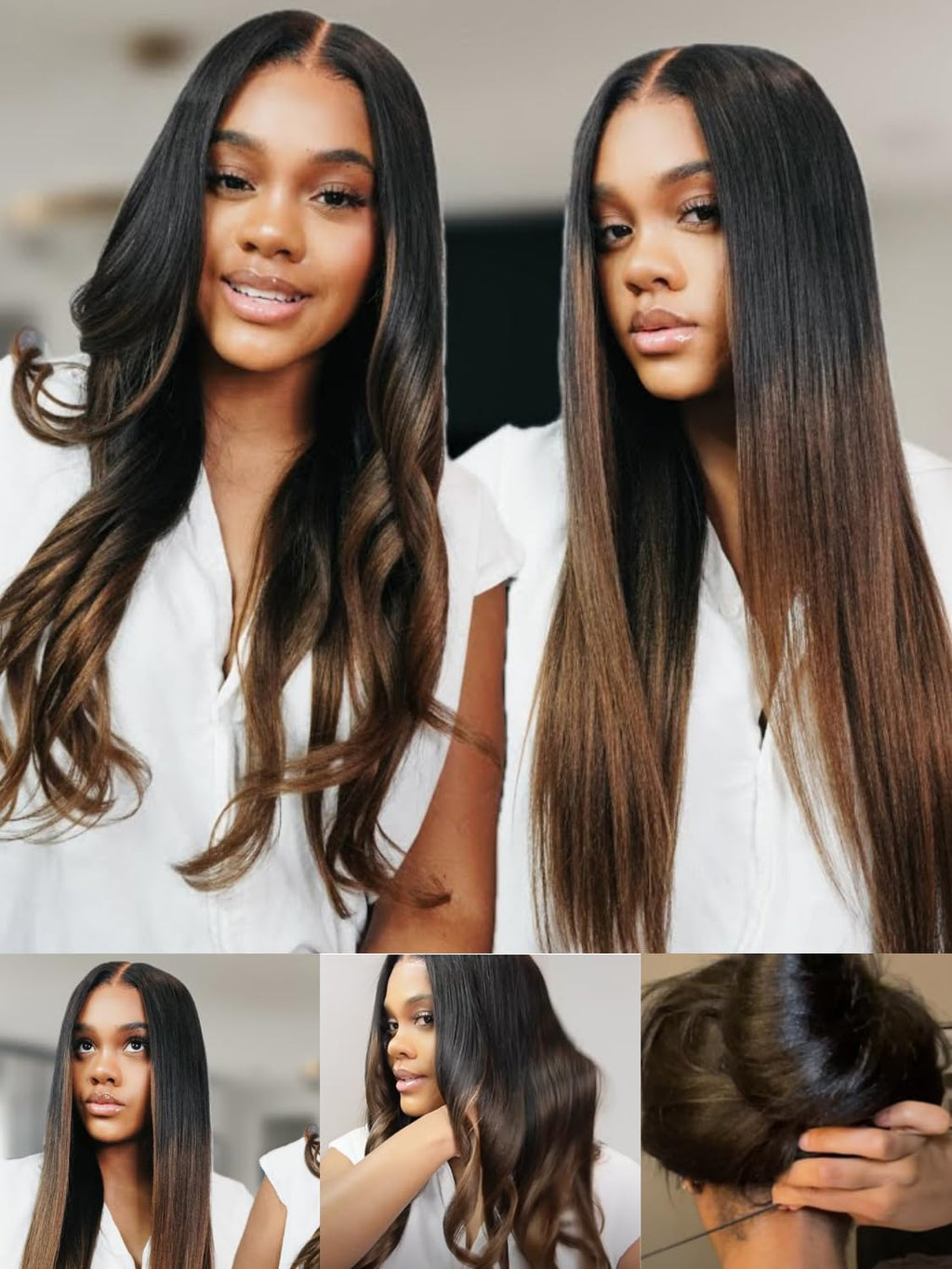 Nadula Chestnut Brown Ombre Yaki Straight Bye Bye Knots Glueless Wig Human Hair with Elastic Drawstring,Highlight Pre Cut 7x5 Invisible Knots HD Lace Front Wigs,Pre Everything Light Yaki Wig 20inch