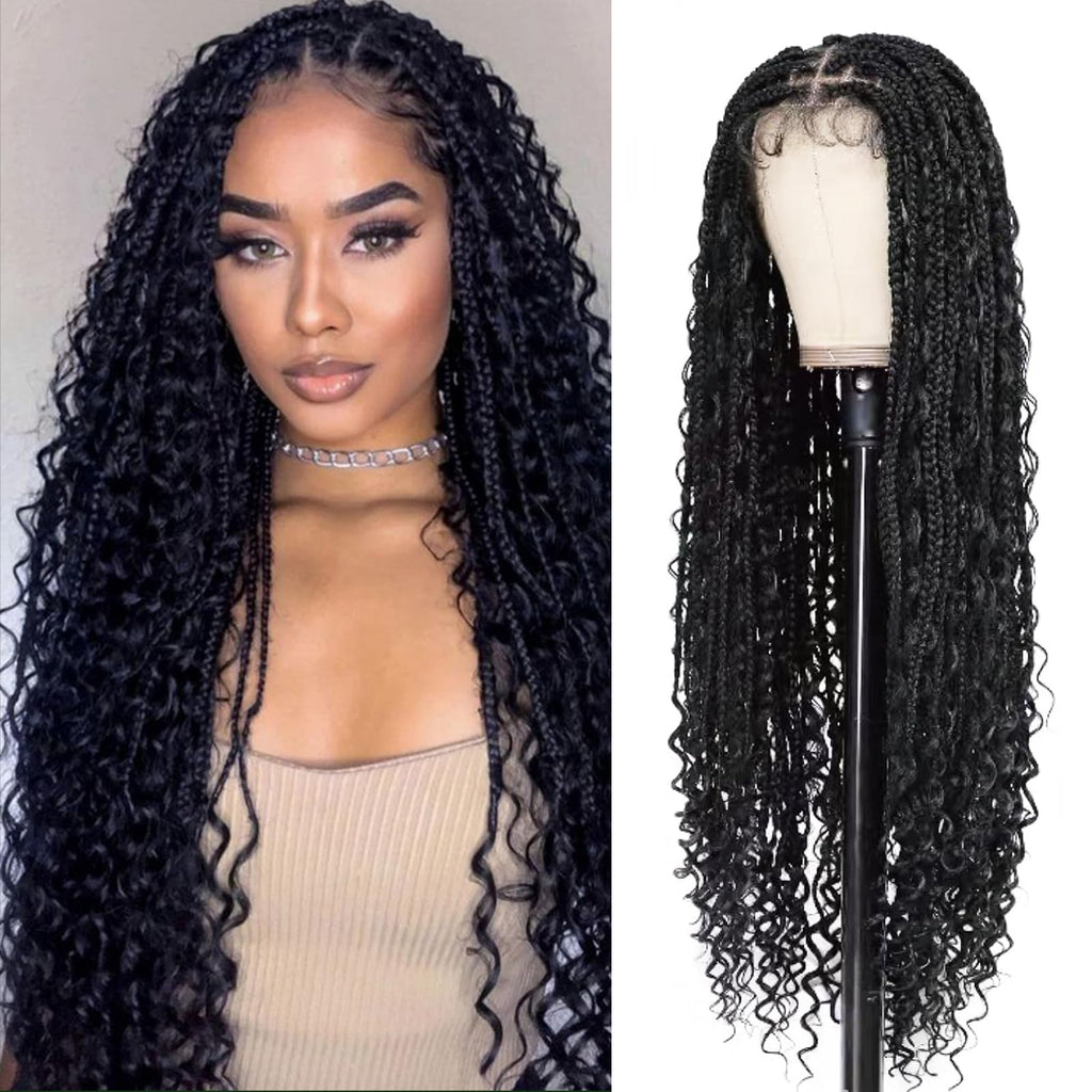 Janyuwool 36" Boho Knotless Box Braided Wigs Full Double Lace Braid Wig for Black Women Lace Frontal Human Hair Blended Braided Wig with Boho Curls Lace Front Braids Wigs with Baby Hair (Black)