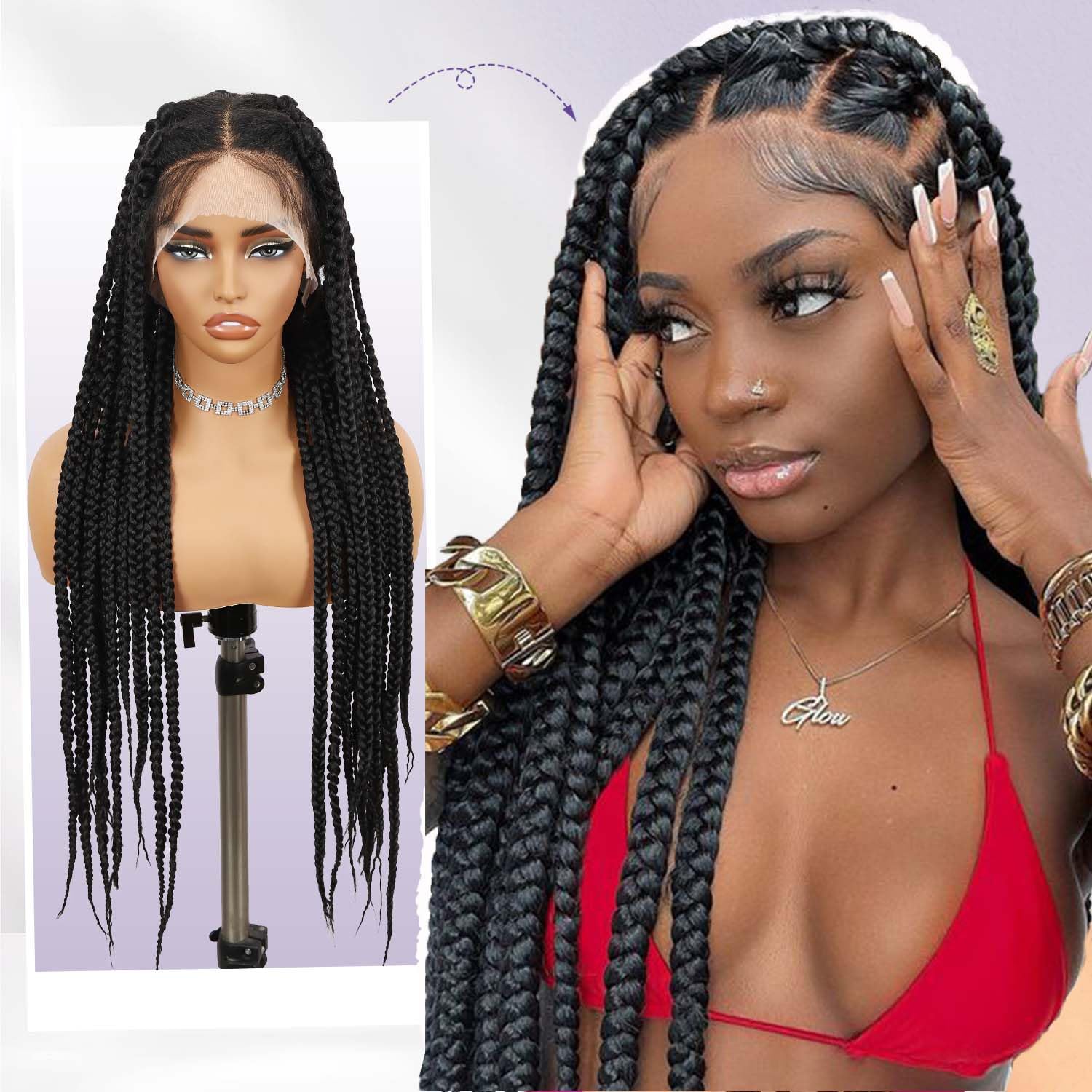 Fancy Hair Full Lace Jumbo Braided Wigs for Black Women Glueless Long Knotless Box Braided Wig for African American Women (Black, 32)