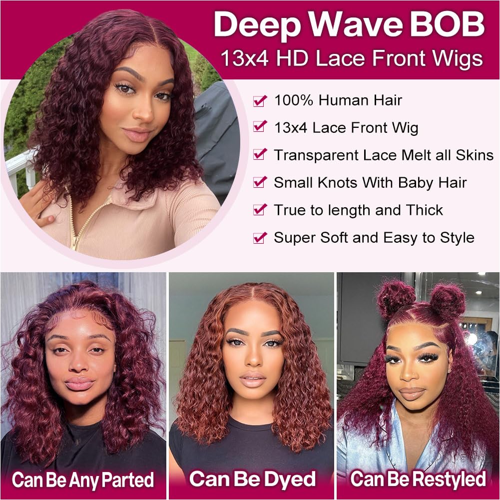 Hihmarm 99j Burgundy Lace Front Wigs Human Hair 14 Inch 13x4 HD Deep Wave Lace Front Glueless Wigs Human Hair Pre Plucked Red Curly Bob Wig Human Hair For Black Women 180% Density 14 Inch