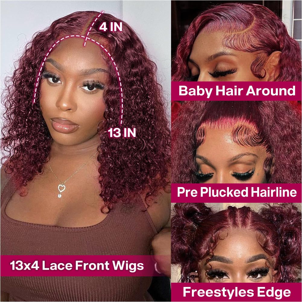 Hihmarm 99j Burgundy Lace Front Wigs Human Hair 14 Inch 13x4 HD Deep Wave Lace Front Glueless Wigs Human Hair Pre Plucked Red Curly Bob Wig Human Hair For Black Women 180% Density 14 Inch