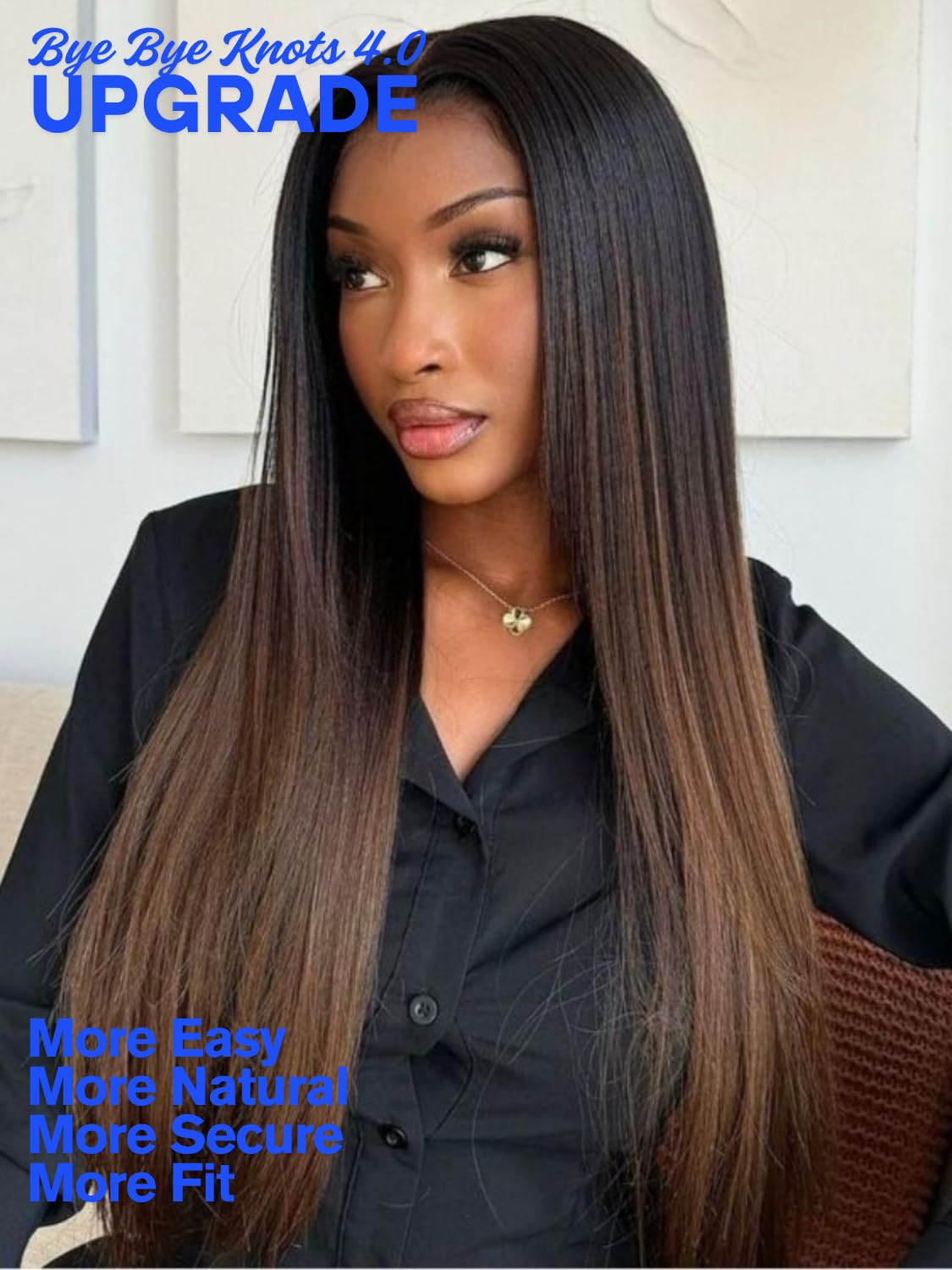 Nadula Chestnut Brown Ombre Yaki Straight Bye Bye Knots Glueless Wig Human Hair with Elastic Drawstring,Highlight Pre Cut 7x5 Invisible Knots HD Lace Front Wigs,Pre Everything Light Yaki Wig 20inch