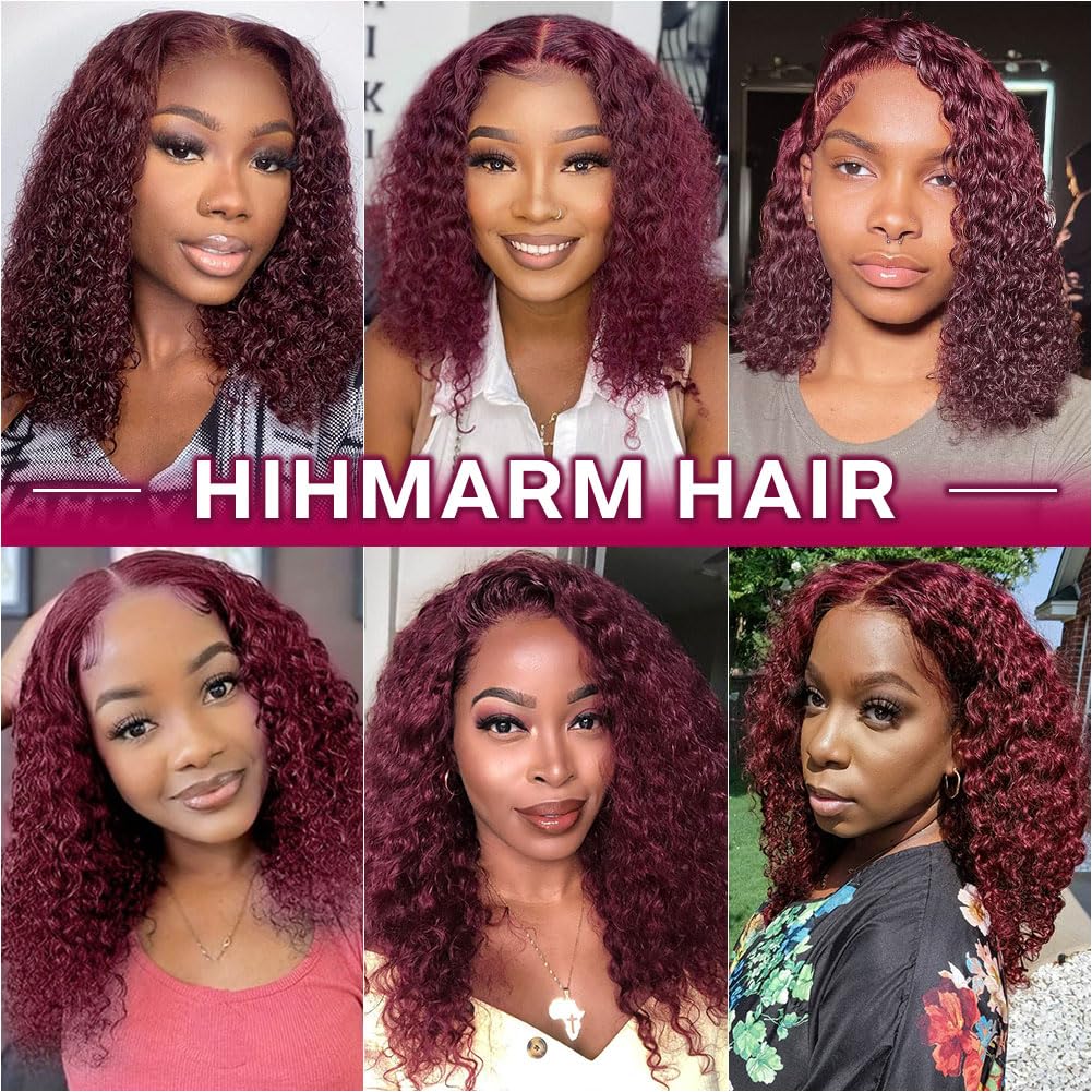 Hihmarm 99j Burgundy Lace Front Wigs Human Hair 14 Inch 13x4 HD Deep Wave Lace Front Glueless Wigs Human Hair Pre Plucked Red Curly Bob Wig Human Hair For Black Women 180% Density 14 Inch