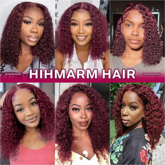 Hihmarm 99j Burgundy Lace Front Wigs Human Hair 14 Inch 13x4 HD Deep Wave Lace Front Glueless Wigs Human Hair Pre Plucked Red Curly Bob Wig Human Hair For Black Women 180% Density 14 Inch