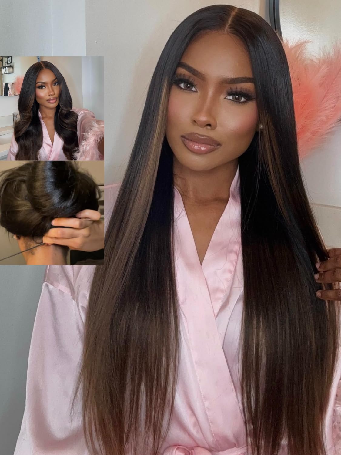 Nadula Chestnut Brown Ombre Yaki Straight Bye Bye Knots Glueless Wig Human Hair with Elastic Drawstring,Highlight Pre Cut 7x5 Invisible Knots HD Lace Front Wigs,Pre Everything Light Yaki Wig 20inch
