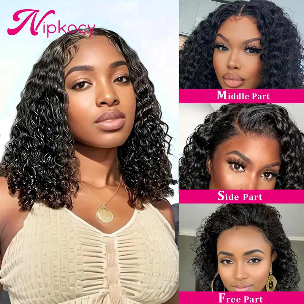 Nipkocy Bob Wig Human Hair Short Deep Curly 14inch 180% Density 13x6 Frontal Hd Lace Wig Wet And Wavy Deep Wave Lace Front Wigs Human Hair For Black Women 100 Real Curly Human Hair Natural Black