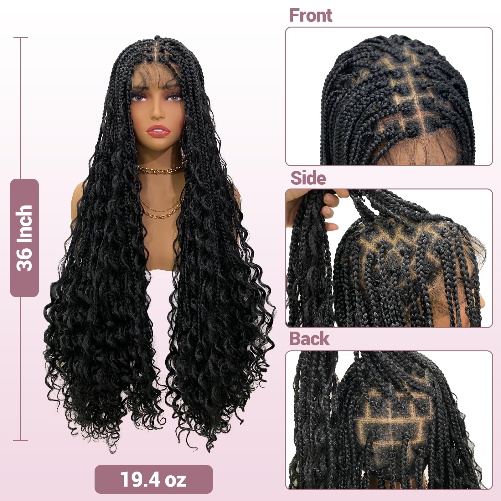 Janyuwool 36" Boho Knotless Box Braided Wigs Full Double Lace Braid Wig for Black Women Lace Frontal Human Hair Blended Braided Wig with Boho Curls Lace Front Braids Wigs with Baby Hair (Black)