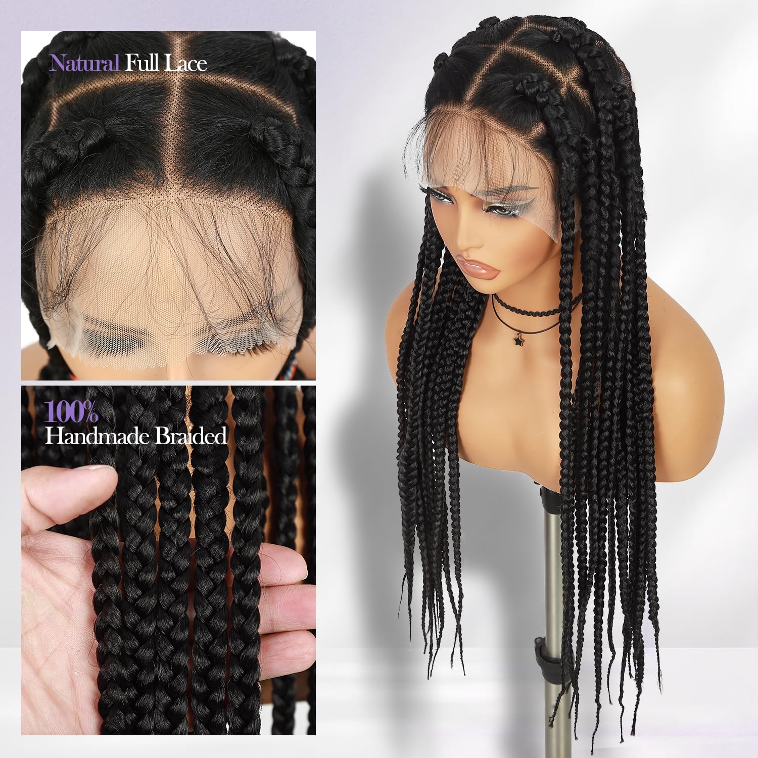 Fancy Hair Full Lace Jumbo Braided Wigs for Black Women Glueless Long Knotless Box Braided Wig for African American Women (Black, 32)