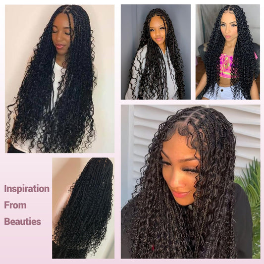 Janyuwool 36" Boho Knotless Box Braided Wigs Full Double Lace Braid Wig for Black Women Lace Frontal Human Hair Blended Braided Wig with Boho Curls Lace Front Braids Wigs with Baby Hair (Black)