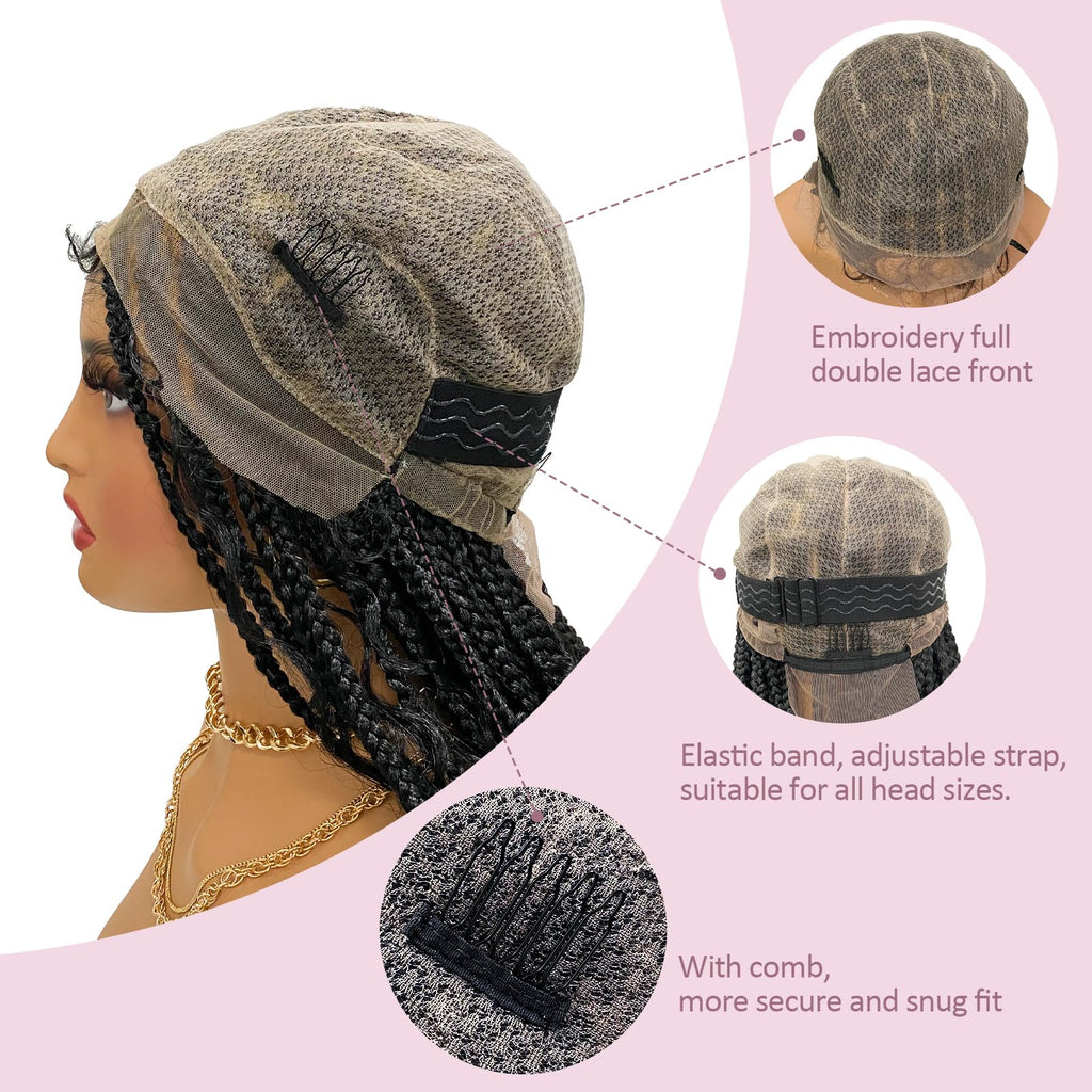 Janyuwool 36" Boho Knotless Box Braided Wigs Full Double Lace Braid Wig for Black Women Lace Frontal Human Hair Blended Braided Wig with Boho Curls Lace Front Braids Wigs with Baby Hair (Black)