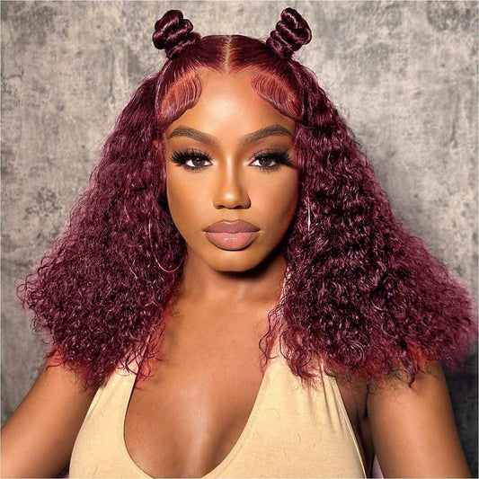 Hihmarm 99j Burgundy Lace Front Wigs Human Hair 14 Inch 13x4 HD Deep Wave Lace Front Glueless Wigs Human Hair Pre Plucked Red Curly Bob Wig Human Hair For Black Women 180% Density 14 Inch