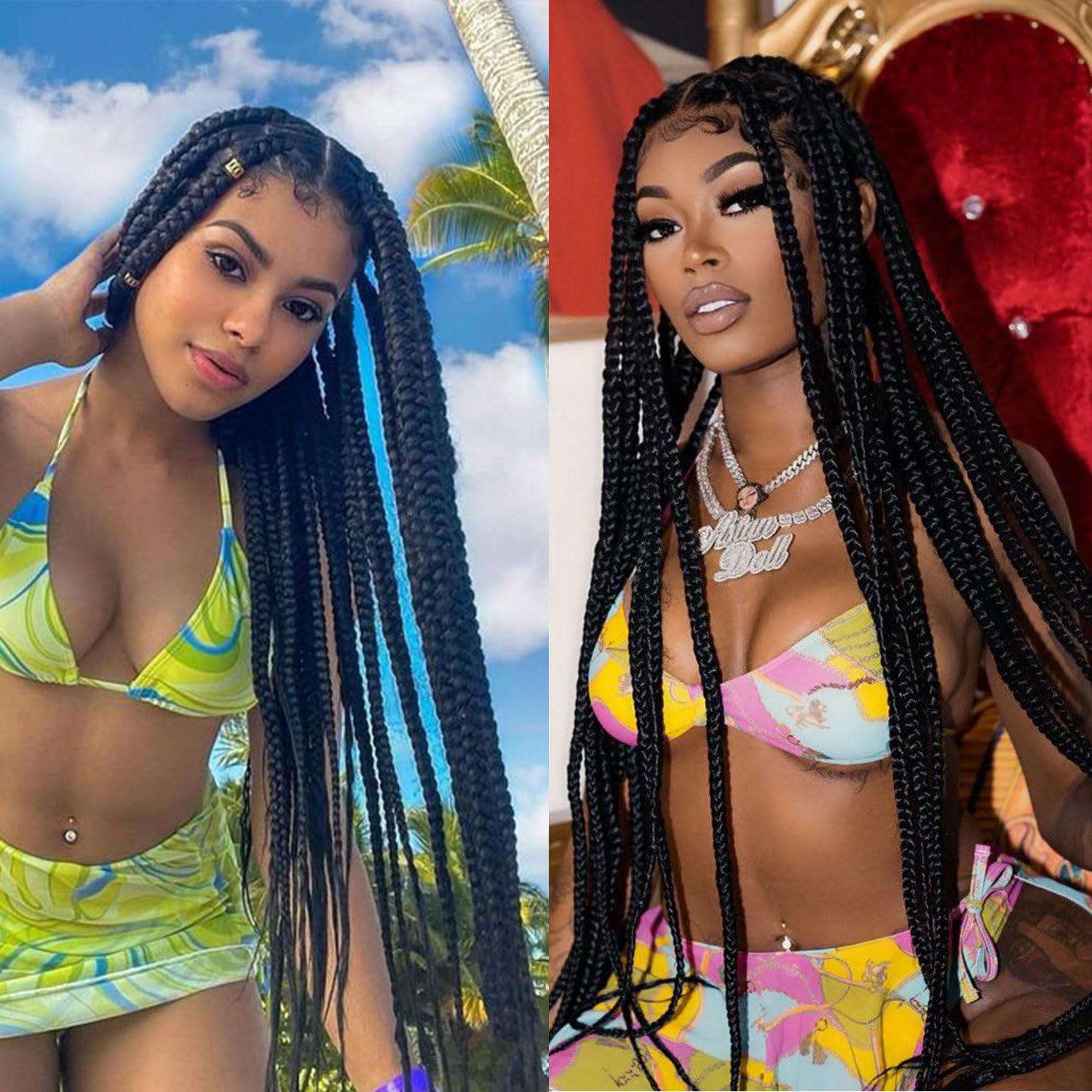 Fancy Hair Full Lace Jumbo Braided Wigs for Black Women Glueless Long Knotless Box Braided Wig for African American Women (Black, 32)