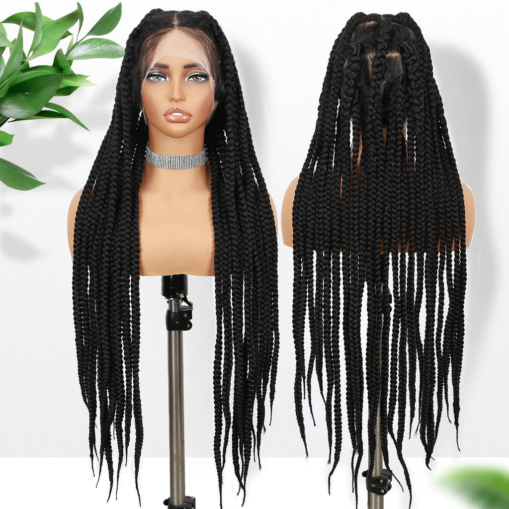 Fancy Hair Full Lace Jumbo Braided Wigs for Black Women Glueless Long Knotless Box Braided Wig for African American Women (Black, 32)