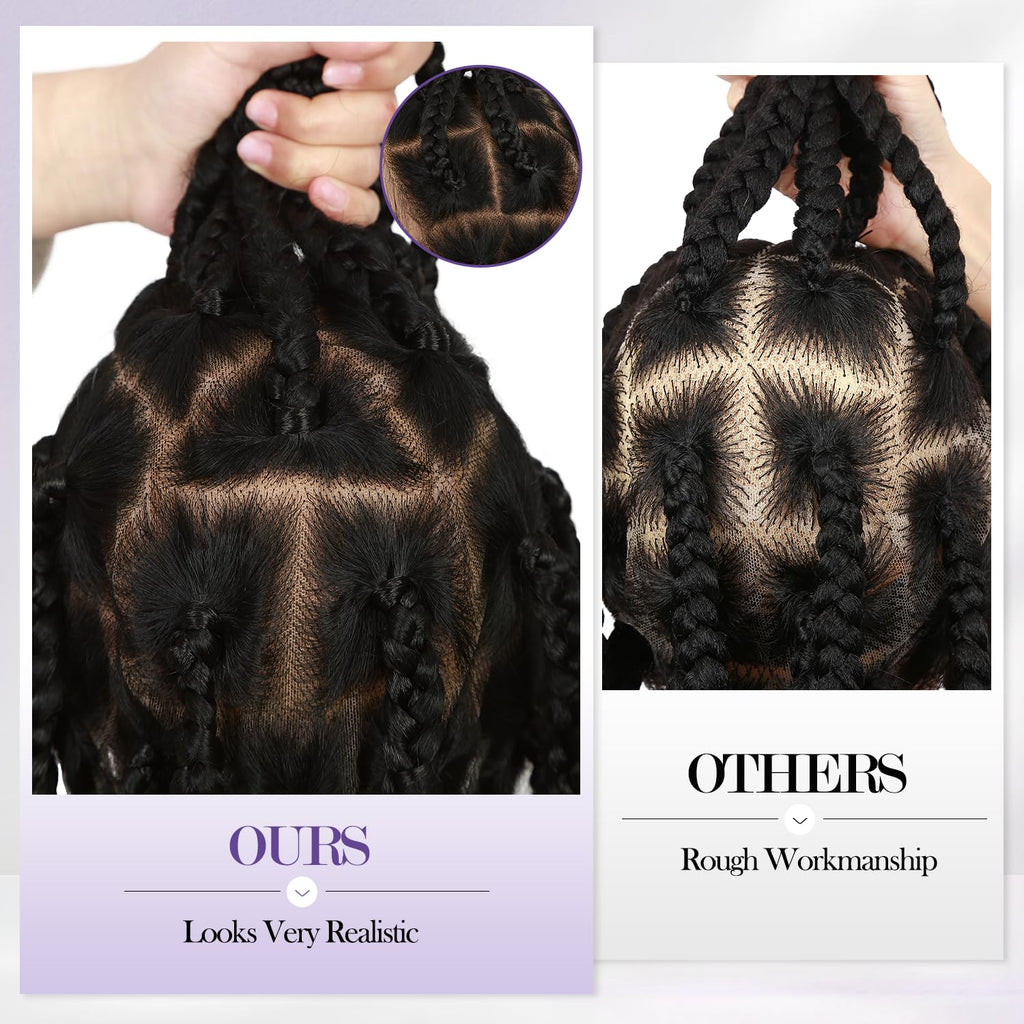 Fancy Hair Full Lace Jumbo Braided Wigs for Black Women Glueless Long Knotless Box Braided Wig for African American Women (Black, 32)