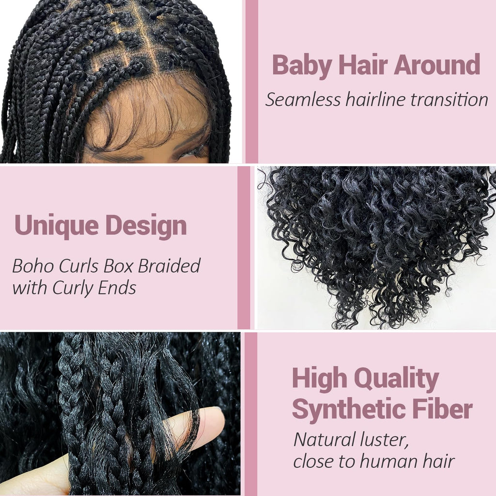 Janyuwool 36" Boho Knotless Box Braided Wigs Full Double Lace Braid Wig for Black Women Lace Frontal Human Hair Blended Braided Wig with Boho Curls Lace Front Braids Wigs with Baby Hair (Black)