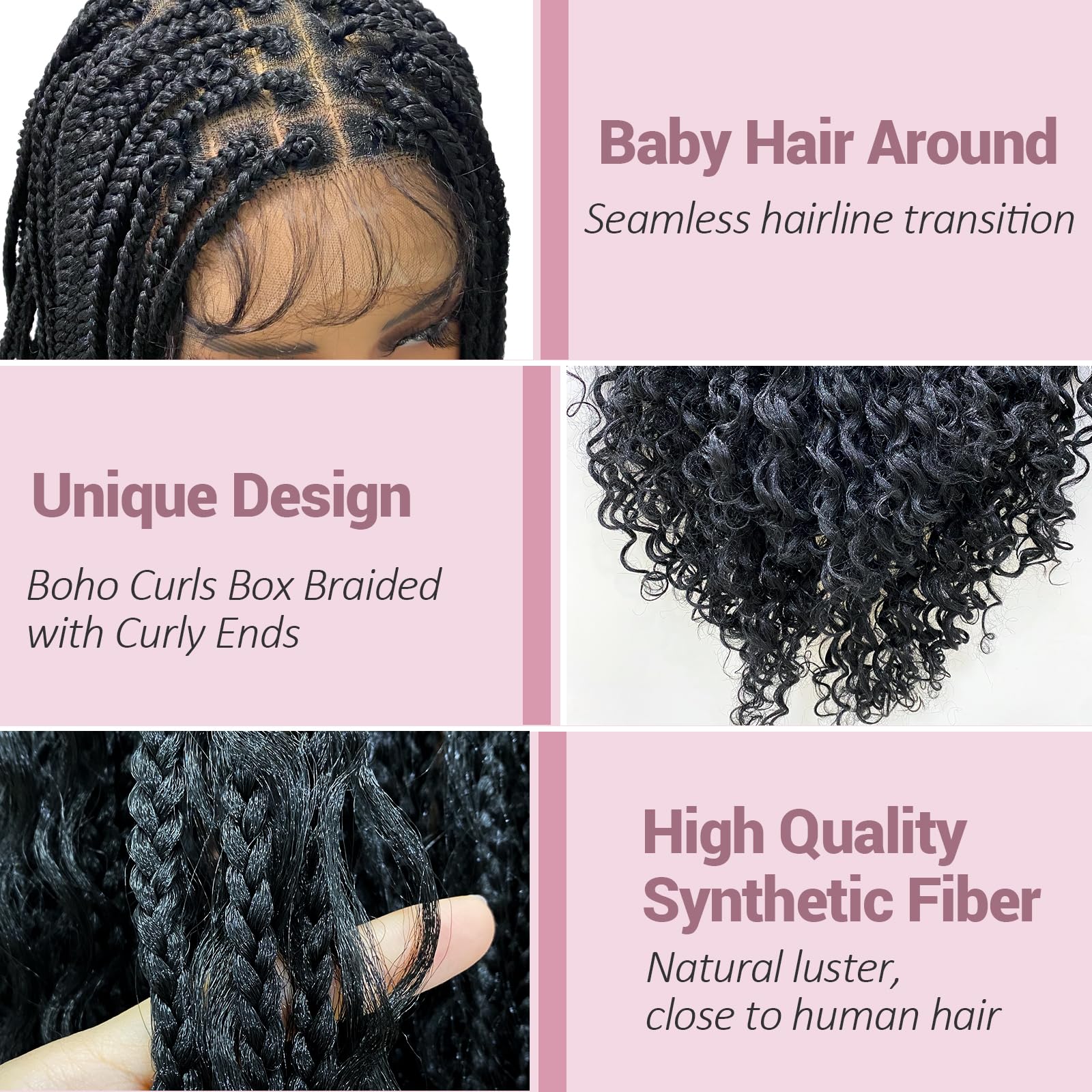 Janyuwool 36" Boho Knotless Box Braided Wigs Full Double Lace Braid Wig for Black Women Lace Frontal Human Hair Blended Braided Wig with Boho Curls Lace Front Braids Wigs with Baby Hair (Black)