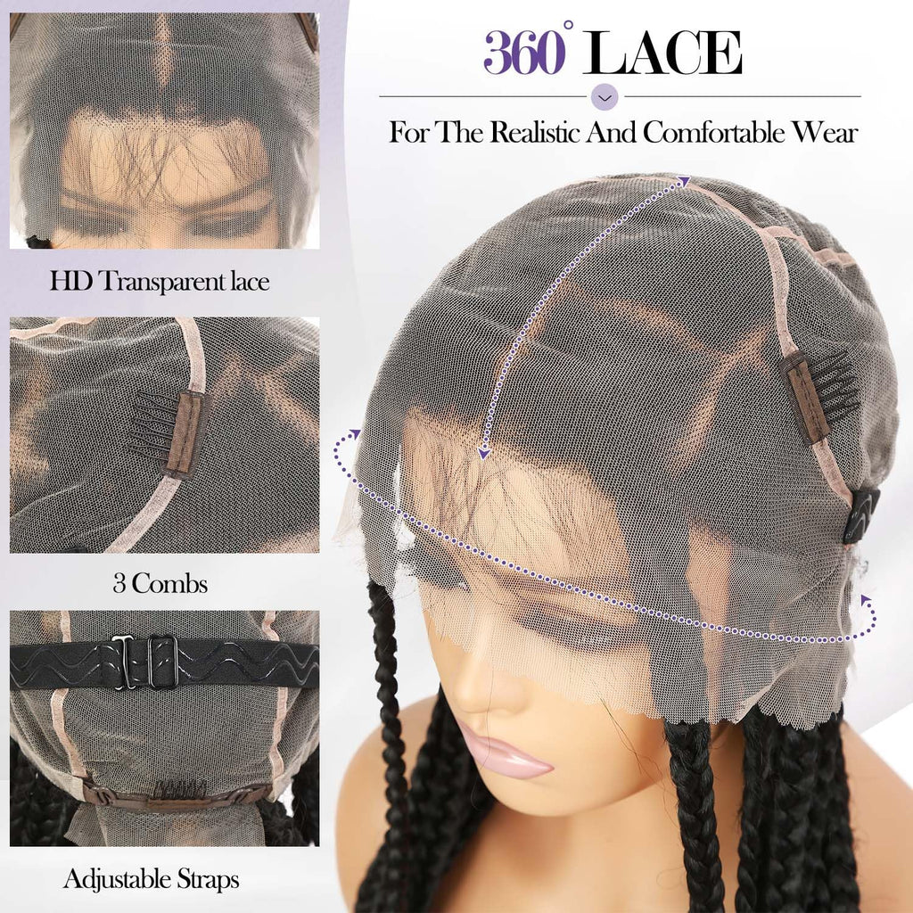 Fancy Hair Full Lace Jumbo Braided Wigs for Black Women Glueless Long Knotless Box Braided Wig for African American Women (Black, 32)