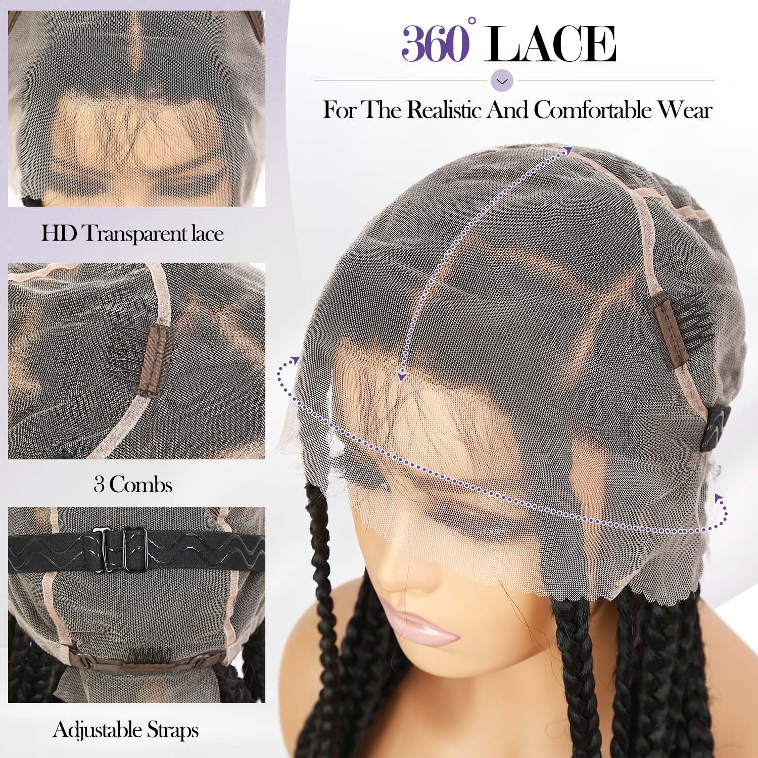 Fancy Hair Full Lace Jumbo Braided Wigs for Black Women Glueless Long Knotless Box Braided Wig for African American Women (Black, 32)