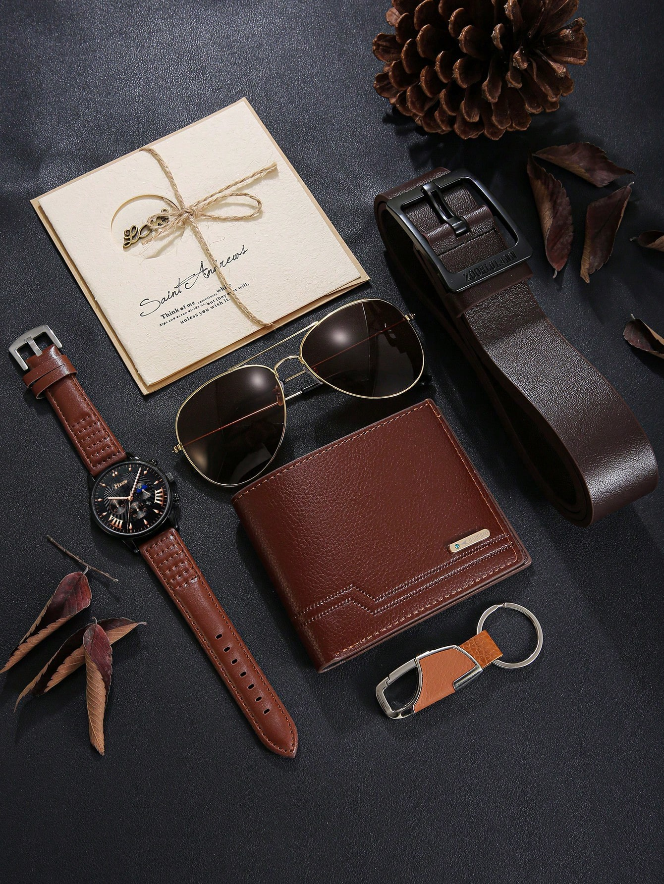 7PCS Men's Classic Fashion Casual Versatile Watch, Wallet, Belt, Glasses, Keychain, LED Light, Greeting Card Gift Set, Comes With Gift Box, Perfect Holiday, Birthday, Father's Day Gift, Daily Accessories